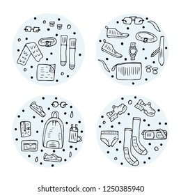 Set of round badges of men accessories set in doodle style. Vector conceptual illustration. 