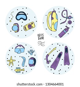 Set of round badges of scuba diving elements and equipment. Underwater activity symbols and accessories. Diver  mask, aqualung, flippers and other gears. Vector color illustration.