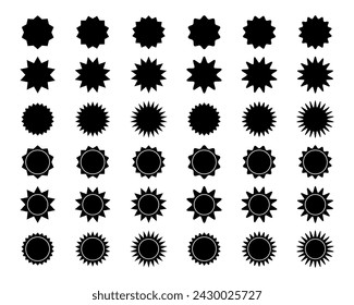 Set of round badges, stamps, labels, price tags with zig zag and wavy edges. Sun, sunburst, sunlight, sunshine icons. Collection of discount, sale, promo code stickers isolated on white background.