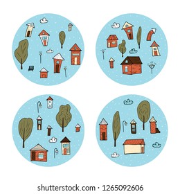 Set of round badges of vector houses, trees and clouds. Circle composition in doodle style.