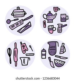Set of round badges of vector kitchen equipments in doodle style. Collection of kitchen dishes and tools objects isolated on white background.
