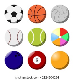 Conjunto de bolas redondas para diferentes deportes, juegos y actividades recreativas en la colección de ilustraciones vectoriales planas, aisladas en fondo blanco