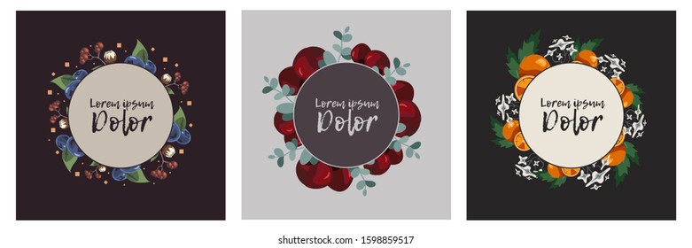 set round banners with berries flowers on a dark and white background