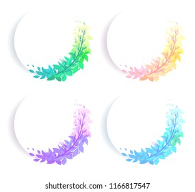 Set of round banners with colorful wreath of leaves with doodle branches. The objects is separate from the background. Vector flat element for invitation cards, greeting cards and your design