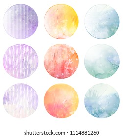 Set of round banners with engraving shading with watercolor background. The object is separate from the background. Etching vector element for your design 