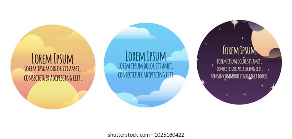 Set of round banners with sky and clouds and place for text. Weather. Times of day. Vector element for your design