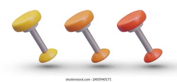 Set of round bar stools in different colors. Vector realistic object at angle, motion effect. Furniture for night club. High classic chairs for bar counter