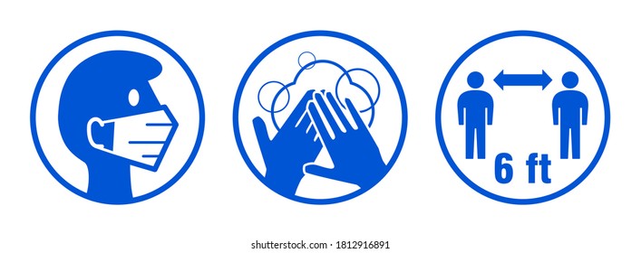 Set of Round Basic Coronavirus Covid-19 Measure Icons including Wear Face Masks, Wash Your Hands, and Keep Your Distance 6 ft or 6 Feet. Vector Image.