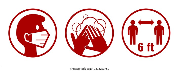 Set of Round Basic Coronavirus Covid-19 Measure Icons including Wear Face Masks, Wash Your Hands, and Keep Your Distance 6 ft or 6 Feet. Vector Image.
