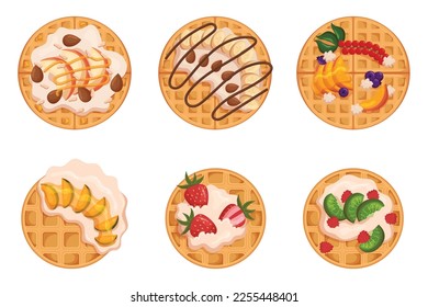 Set Of Round Belgian Waffles, Homemade Pastry Decorated With Fresh Berries And Fruits, Wafers With Jam, Chocolate Topping, Ice Cream Or Yoghurt, Patisserie Menu Icons. Cartoon Vector Illustration