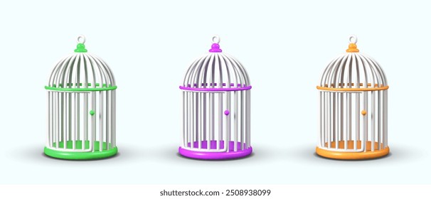 Conjunto de gaiolas redondas de aves de cores diferentes. Pássaro casa em estilo antigo