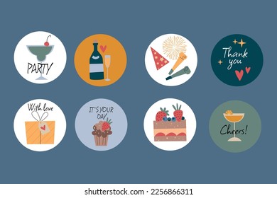 A set of round birthday stickers. Inscriptions, greetings, balloons, drinks, cake, cupcakes. For social networks, posters, flyers and postcards. Vector illustration