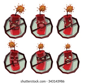 set of round black emblems with angry bombs what can explode in any moment  crossed black line, vector