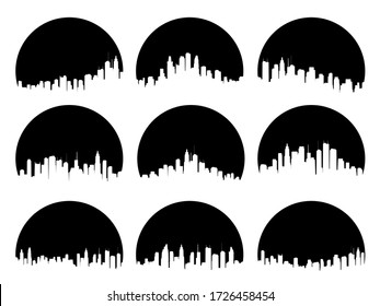 Set of round black emblems of silhouettes sun behind the city high-rise skyscrapers.
