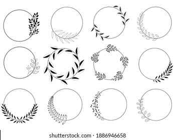Set of round, black laurel wreaths. Vector logo design made from leaves. Vintage Collection of vintage round badges of laurel branches, spikelets. Decorative items. Vintage rounded greek emblem.