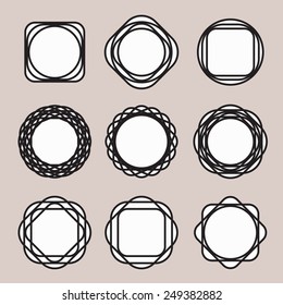 Set of Round Black Line Design Vintage Frames or Badges with Easily Editable White Backing on Grey Background. The white base can be instantly removed with direct selection tool