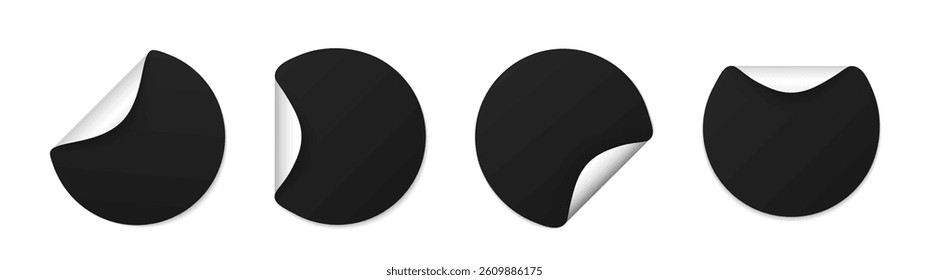 Set of round black sticky labels with bent edges. Vector cardboard labels. Empty mockup for memos, price tags, gluing.