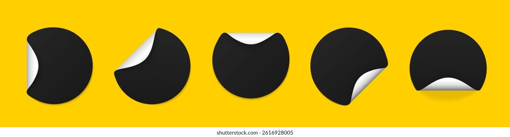Set of round black sticky labels with bent edges. Vector cardboard labels. Empty mockup for memos, price tags, gluing.
