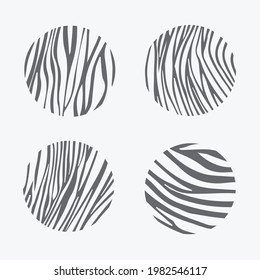 Conjunto de patrones de cebra abstractos redondos a rayas negras. Formas de doodle dibujadas a mano. Líneas onduladas curvadas. Ilustración vectorial moderna. Elementos para carteles de pared, tejidos, plantillas textiles, cubiertas.