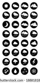 Set of round black and white weather icons isolated on white background. Day and night icons for your design.