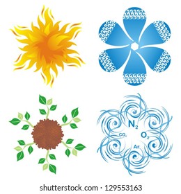 Set of round blossom-like symbols of four elements, earth, water, air and fire