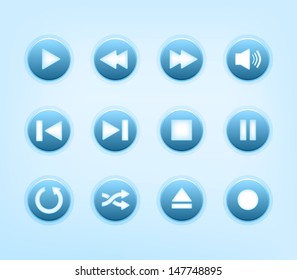 Set of round blue audio player buttons