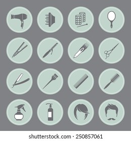 Set of round blue hairdressing equipment icons on gray background