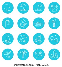 Set round blue icons seaside holiday