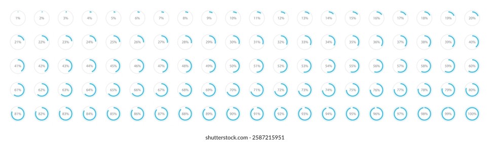 Set of round blue infographic pie charts, template segment of circle icons 0% - 100%, simple flat design loading data interface elements app button ui ux web, vector isolated on white background