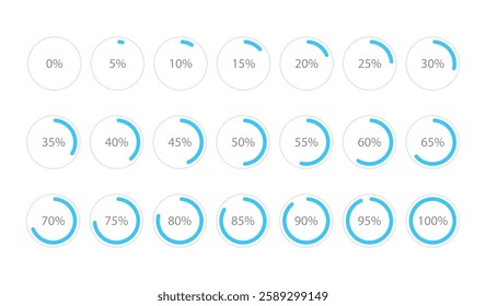 Set of round blue infographic pie charts template, segment of circle icons 0% - 100%, simple flat design loading data interface elements app button ui ux web, vector isolated on white background