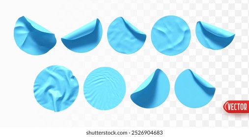Conjunto de adesivos redondos de papel azul. Design realista rodada etiqueta adesivo modelo isolado fundo. Coleção maquete de venda de etiqueta de preço. Ilustração vetorial