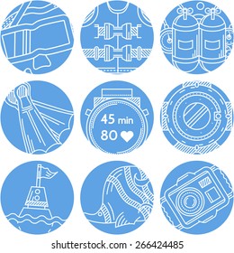Set of round blue vector icons with white line elements for diving and snorkeling on white background.