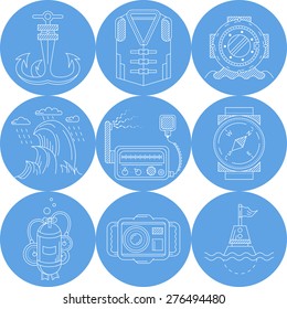 Set of round blue vector icons with white line nautical objects end equipment for diving on white background.
