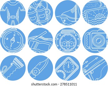 Set of round blue vector icons with white line equipment and accessory for diving and underwater research  on white background. 