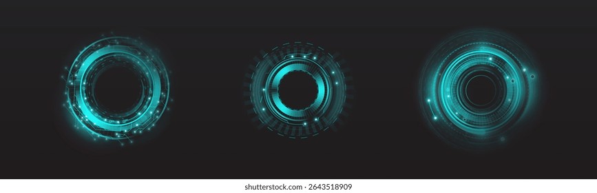 
Um conjunto de interfaces de HUD redondas e azuladas com elementos de design de ficção científica. Usado para painéis de interface do usuário, dispositivos digitais e interfaces de jogos do futuro.