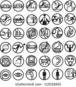 Set of round bold line icons illustrating themes of safety, environment, health