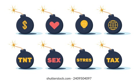 Set of round bombs with money, heart, light bulb, planet icons. Tax and tnt letters. Explosive dynamite with different symbols. Ready to explode weapon cartoon flat isolated vector illustration