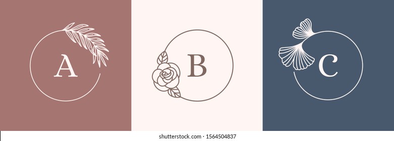 A set of Round Botanical frames in a trendy minimal linear style. Vector abstract logo design template palm leaf, rose and Ginkgo biloba leaf. Flower Frame with copy space for text or letter ABC