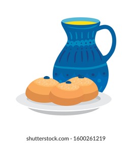 set of round breads with teapot isolated icon vector illustration design