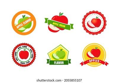 A set of round bright labels with red and green apples. Red apple in a circle sticker Apple flavor. Collection Vector design template label. 