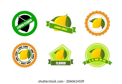 Set of round bright labels with ripe Lemon. Yellow citrus in circle sticker with text Lemon flavor. Collection Vector design template label. 