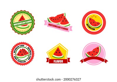 Set of round bright labels with slice watermelon. red water melon in circle sticker with text watermelon flavor. Collection round  Vector design template label. 