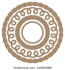 Set of round brown rope frames. Monochrome vector illustration, isolated on white