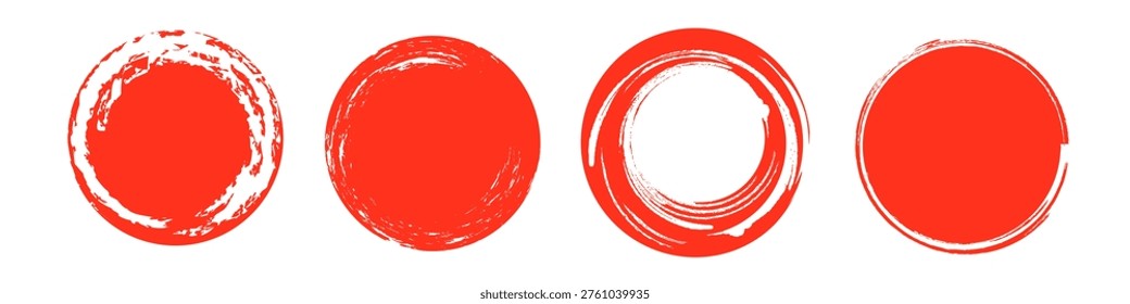 Set of round brush sun rough, red grunge round stamp vector illustration