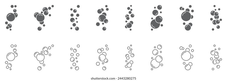 Set of round bubble soap icons. Bubbles of foam, oxygen, soap. Fizzy drink symbol, champagne, laundry. Water bubble, aquarium, effervescent effect. Clean water, clear aqua, soda.