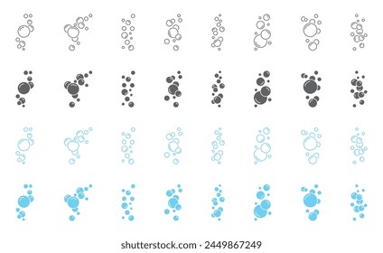 Set of round bubble soap icons. Bubbles of foam, oxygen, soap. Fizzy drink symbol, champagne, laundry. Water bubble, aquarium, effervescent effect. Clean water, clear aqua, soda.