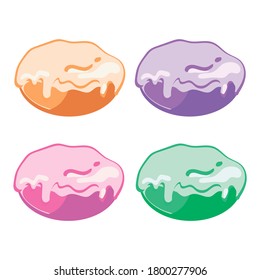 Set of round bun with glaze of different colors on white background. Bakery concept. Vector illustration of bun in flat design. Illustration of cake with icing isolated on white background.