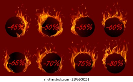 Set of round burning sale labels and tags in black colors with red inscriptions