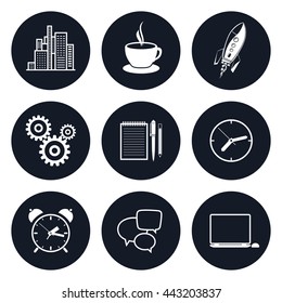 Set of Round Business Icons, Office Work, Team Work, Long Hours in the Office, Presentation and Discussion, Black and White Vector Illustration 