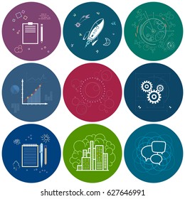Set of Round Business Icons, Rocket and Graphic , Modern Buildings ,Speech Bubble , Clipboard  Notebook, Line Style  , Vector Illustration 